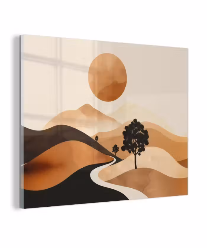 Glas schilderij - Zon - Heuvels - Boom - Abstract