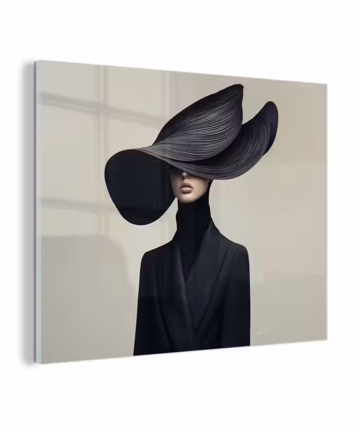 Glas schilderij - Zwart - Vrouw - Hoed