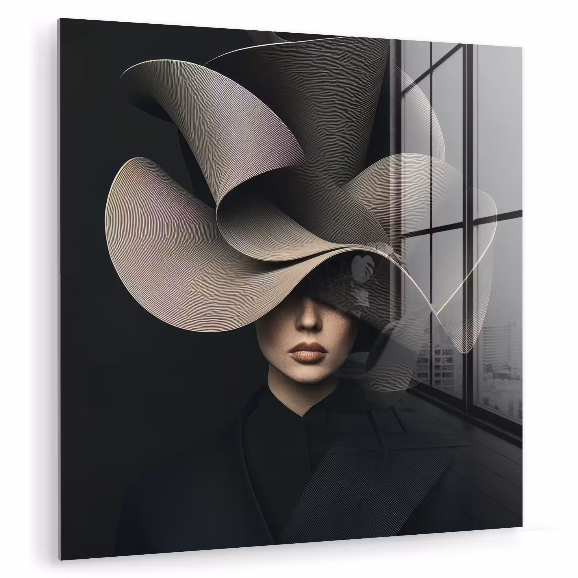 Glas schilderij - Zwarte - Hoed - Vrouw