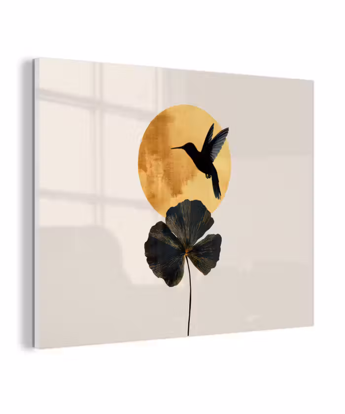 Glas schilderij - Zwarte kolibrie - Bloem - Gouden cirkel