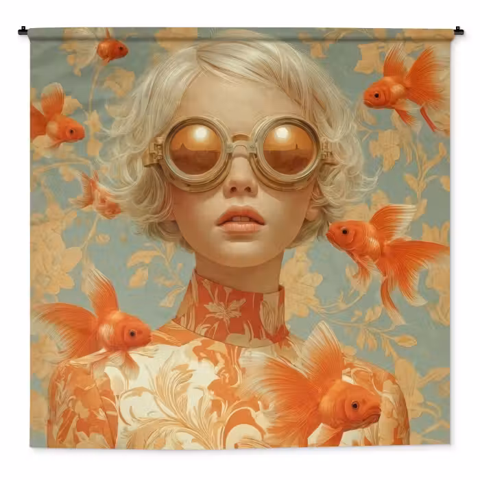 Wandkleed - Goudvissen - Oranje - Vrouw - Blond