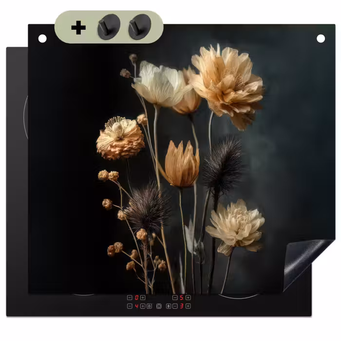 Inductie beschermer en spatscherm (2in1) - Boeket - Bloemen - Licht - Zwart