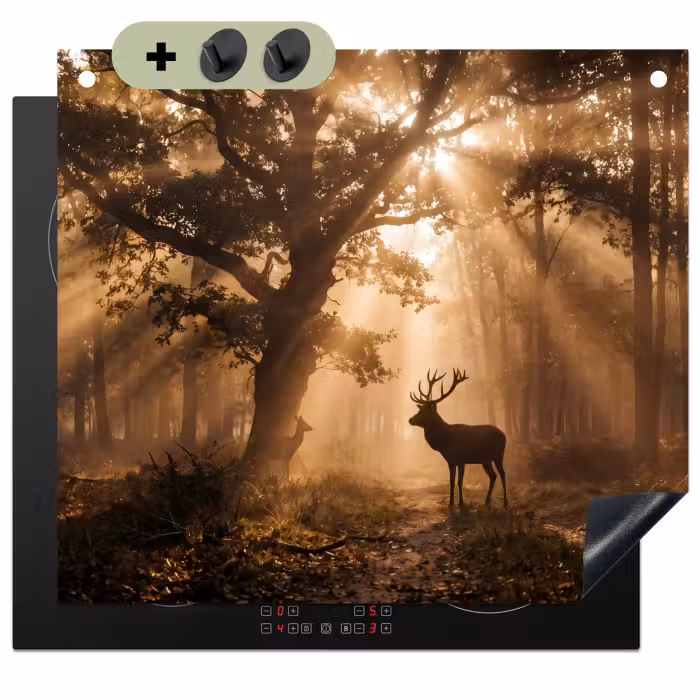 Inductie beschermer en spatscherm (2in1) - Hert - Bos - Mistig - Natuur - Goud