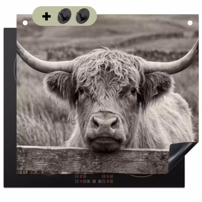 Inductie beschermer en spatscherm (2in1) - Schotse hooglander - Zwart - Wit - Hout