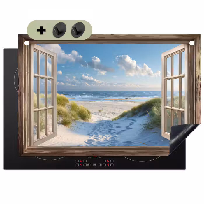 Inductie beschermer en spatscherm (2in1) - Doorkijk - Strand - Raam - Duinen - Zee