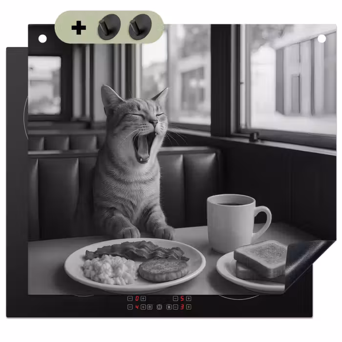 Inductie beschermer en spatscherm (2in1) - Kat - Koffie - Brood - Zwart