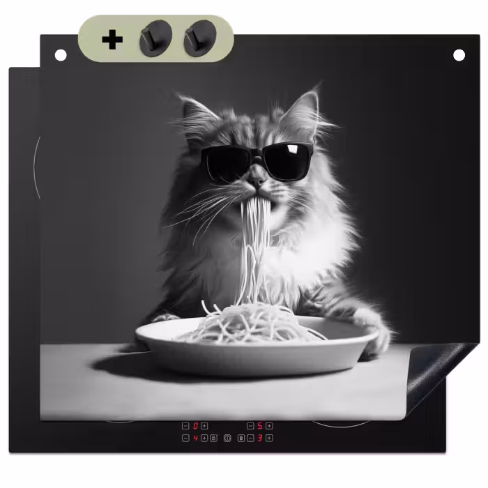 Inductie beschermer en spatscherm (2in1) - Langharige kat - Zonnebril - Spaghetti - Humor - Zwart - wit