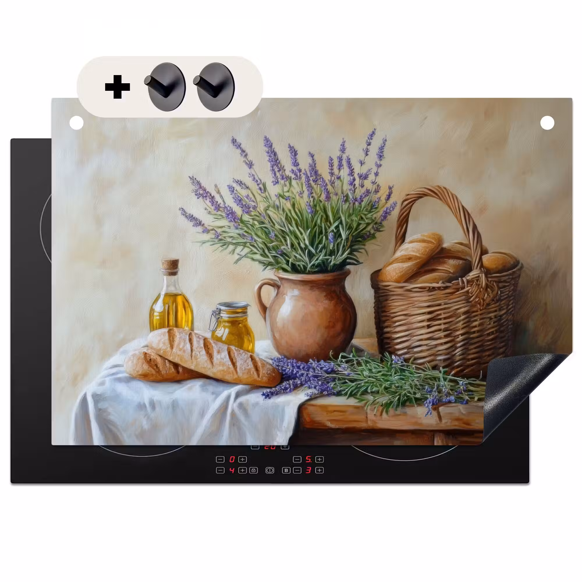 Inductie beschermer en spatscherm (2in1) - Lavendel - Brood - Stilleven