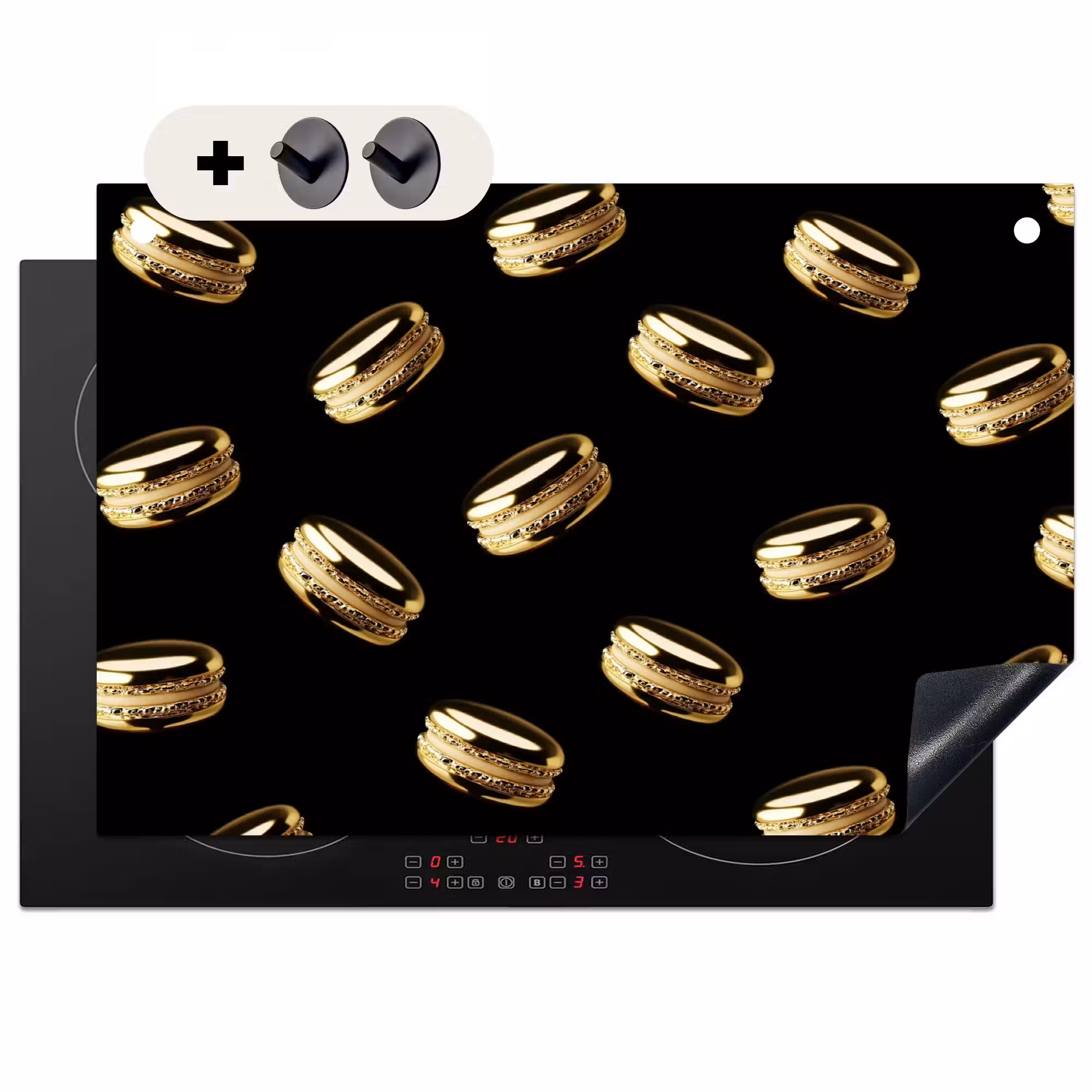 Inductie beschermer en spatscherm (2in1) - Macarons - Patroon - Goud - Zwart