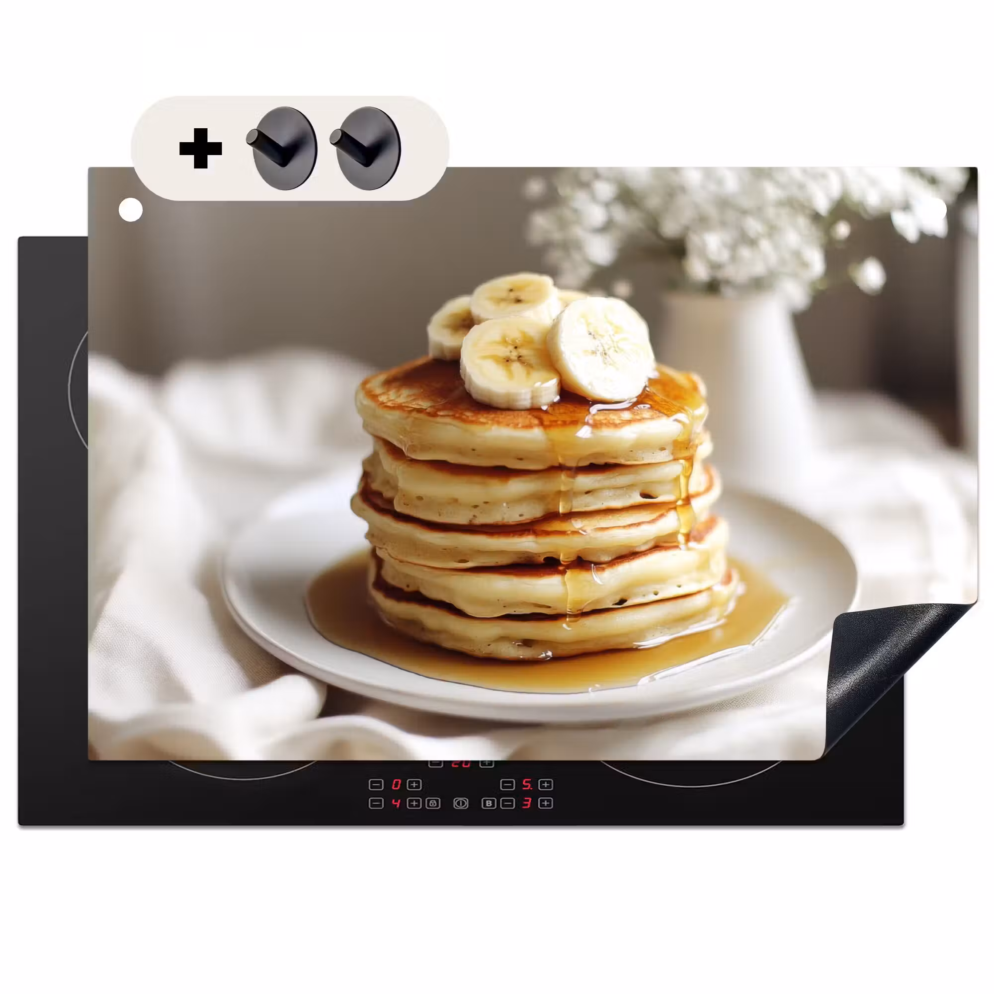 Inductie beschermer en spatscherm (2in1) - Pannenkoeken - Banaan - Siroop - Wit - Beige