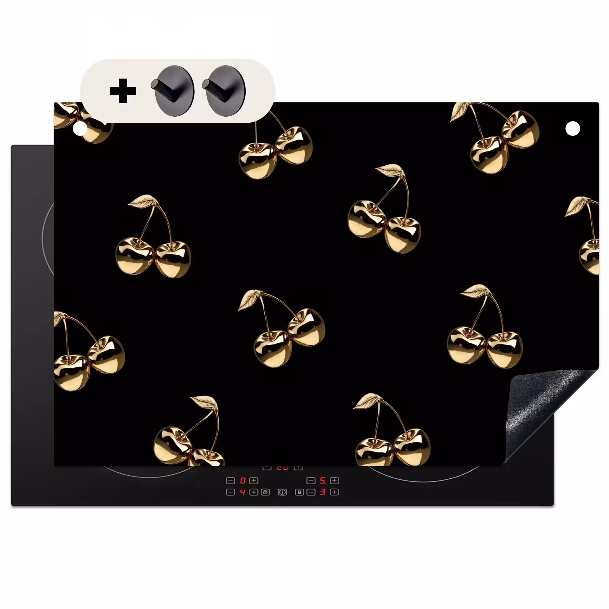 Inductie beschermer en spatscherm (2in1) - Patroon - Kersen - Goud - Chrome