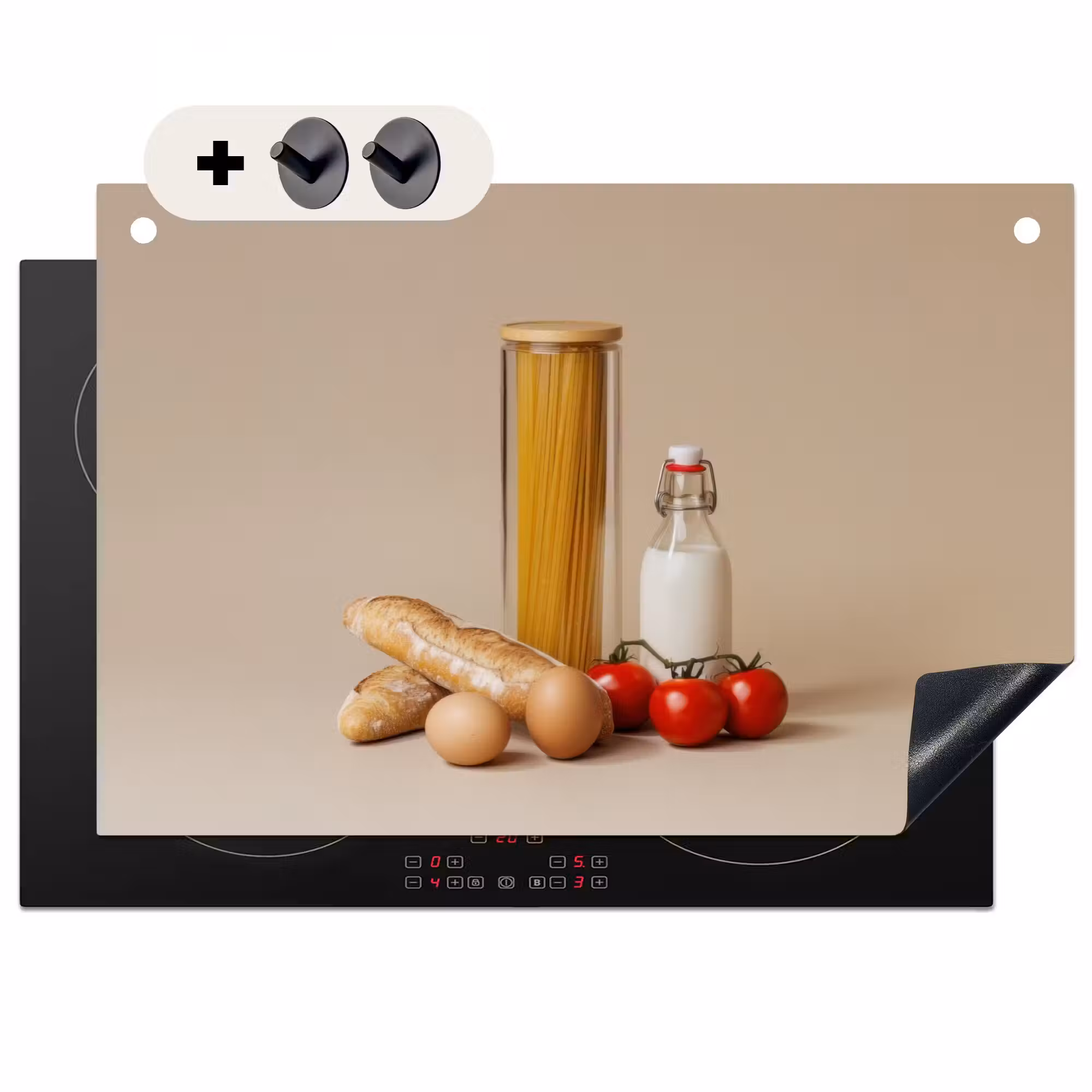 Inductie beschermer en spatscherm (2in1) - Spaghetti - Melk - Tomaten - Eieren - Brood