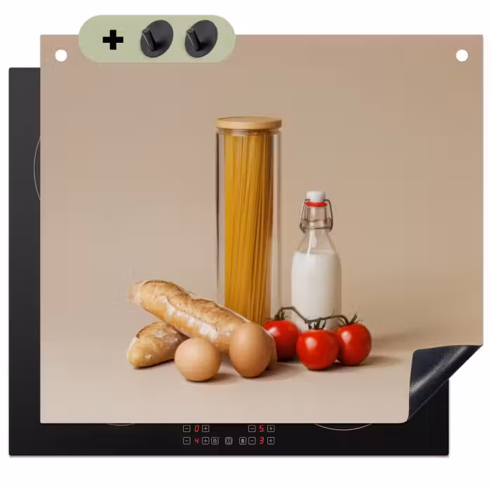 Inductie beschermer en spatscherm (2in1) - Spaghetti - Melk - Tomaten - Eieren - Brood