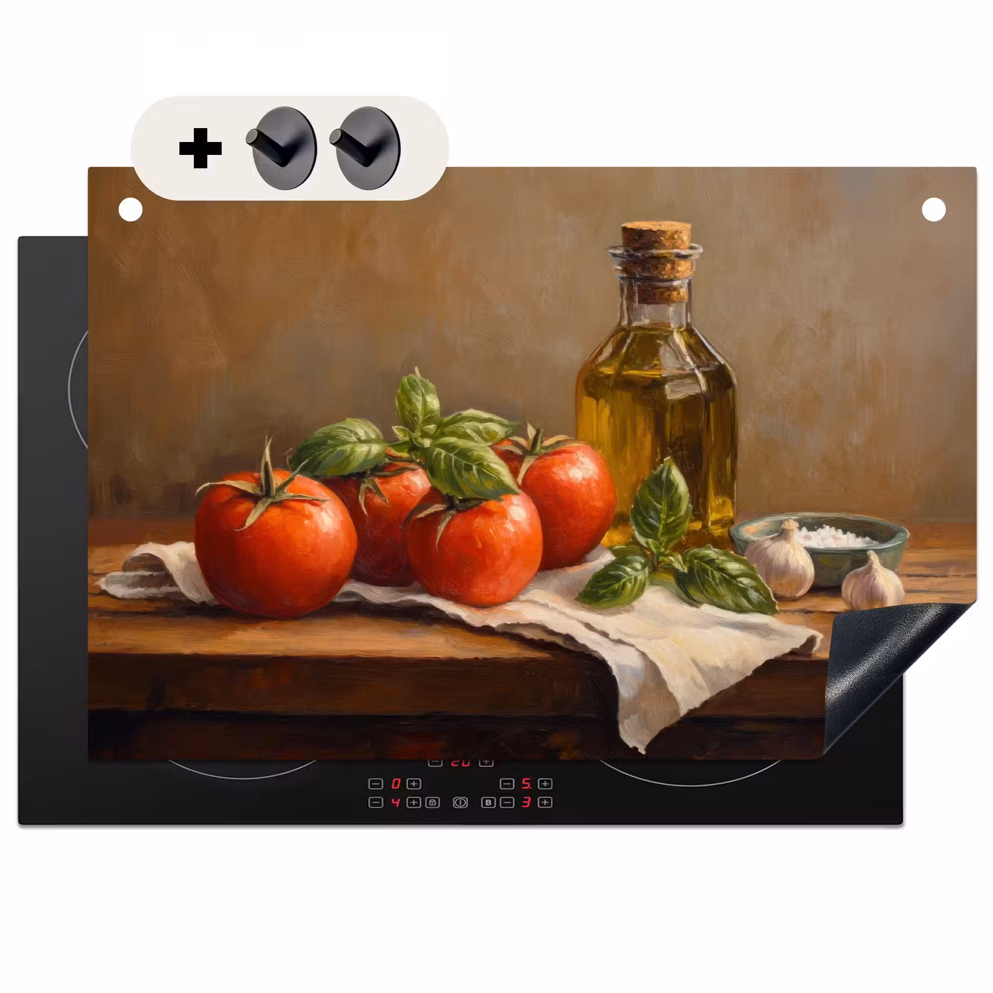 Inductie beschermer en spatscherm (2in1) - Tomaten - Olijfolie - Stilleven