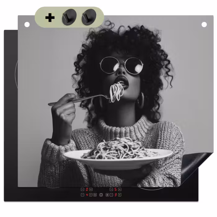 Inductie beschermer en spatscherm (2in1) - Vrouw - Pasta - Zwart - Wit