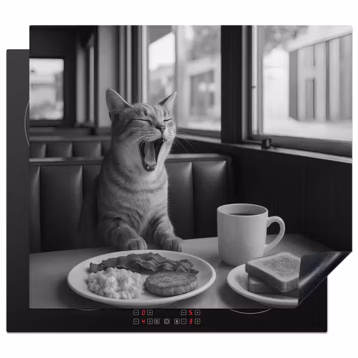 Inductie beschermer - Kat - Koffie - Brood - Zwart