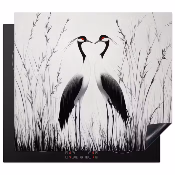 Inductie beschermer - Kraanvogels - Gras - Hartvorm - Zwart