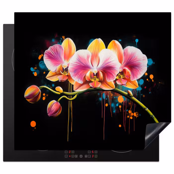 Inductie beschermer - Orchidee - Graffiti - Kleurrijk - Bloemen - Abstract