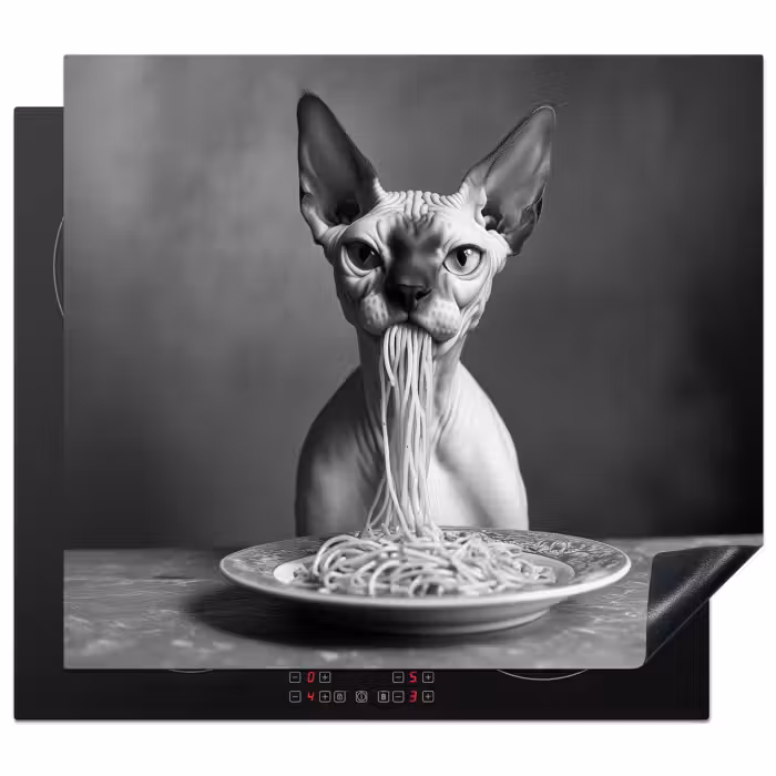 Inductie beschermer - Sphynx - Kat - Dieren - Humor - Spaghetti - Zwart Wit