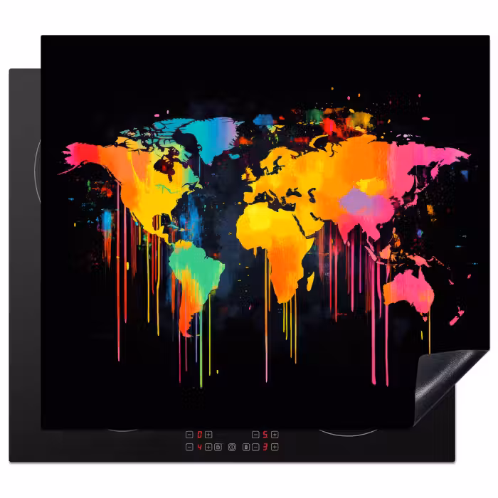 Inductie beschermer - Wereldkaart - Verf - Kleurrijk - Graffiti - Wereld