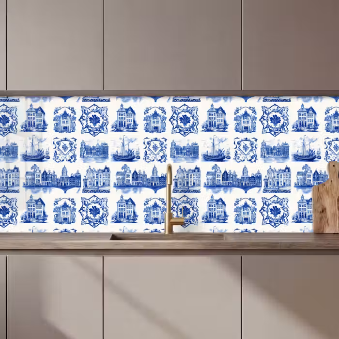 Keuken achterwand - Huizen - Schepen - Blauw