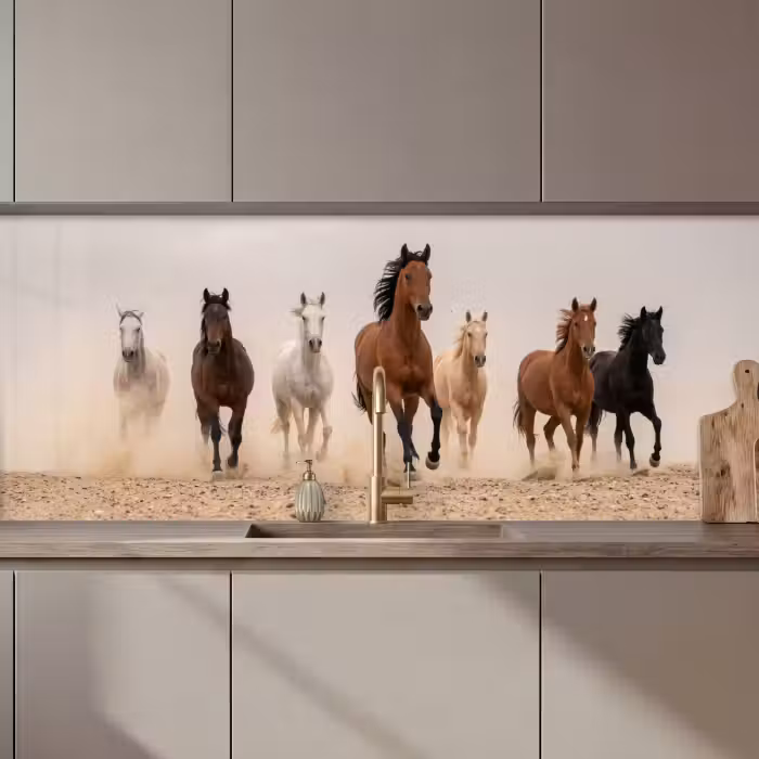 Keuken achterwand - Kudde paarden - Stofwolk - Bruin - Zwart