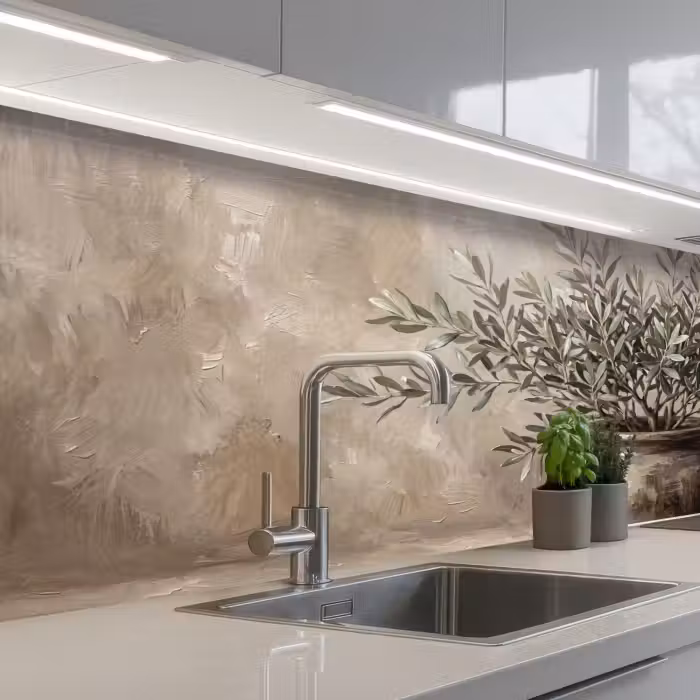 Spatscherm keuken - Olijfplant - Aardenpot - Abstract - Beige