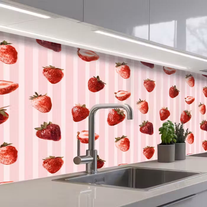 Spatscherm keuken - Strepen - Aardbei - Roze