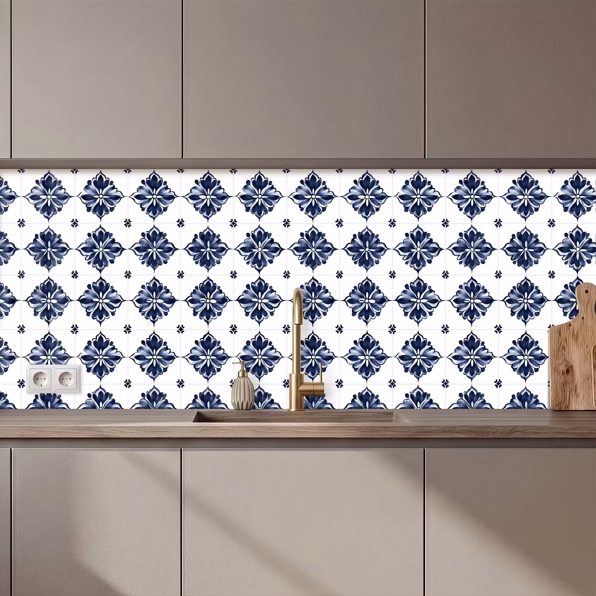 Keuken achterwand - Tegelmotief - Blauw - Wit - Bloem