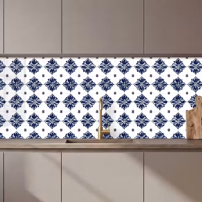 Keuken achterwand - Tegelmotief - Blauw - Wit - Bloem