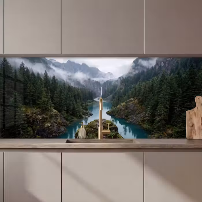 Keuken achterwand - Waterval - Bomen - Bergen
