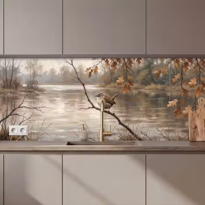 Keuken achterwand - Winterkoninkje - Tak - Rivier - Natuur - Sfeervol