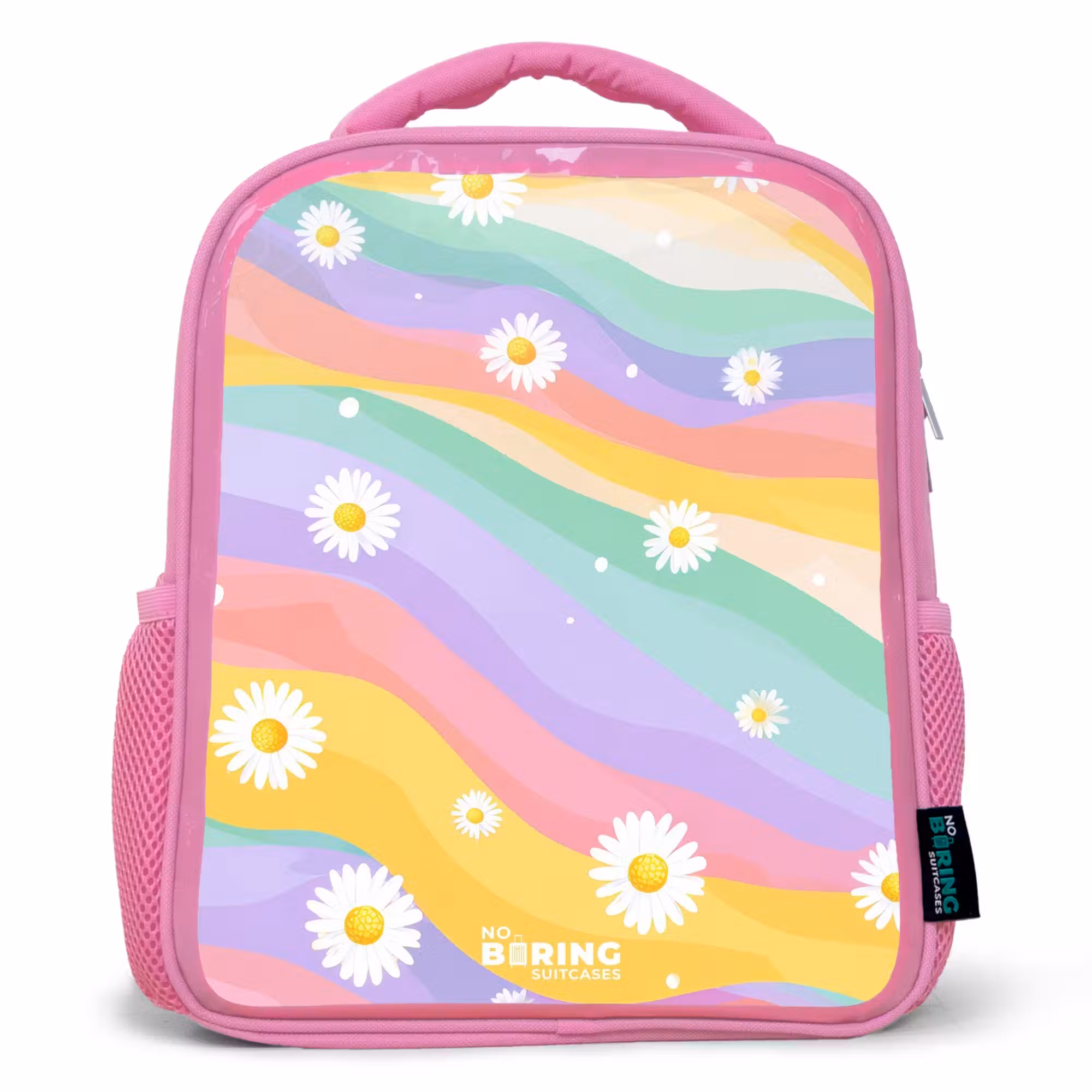 Rugzak kind - roze - Madeliefjes op regenboogachtergrond