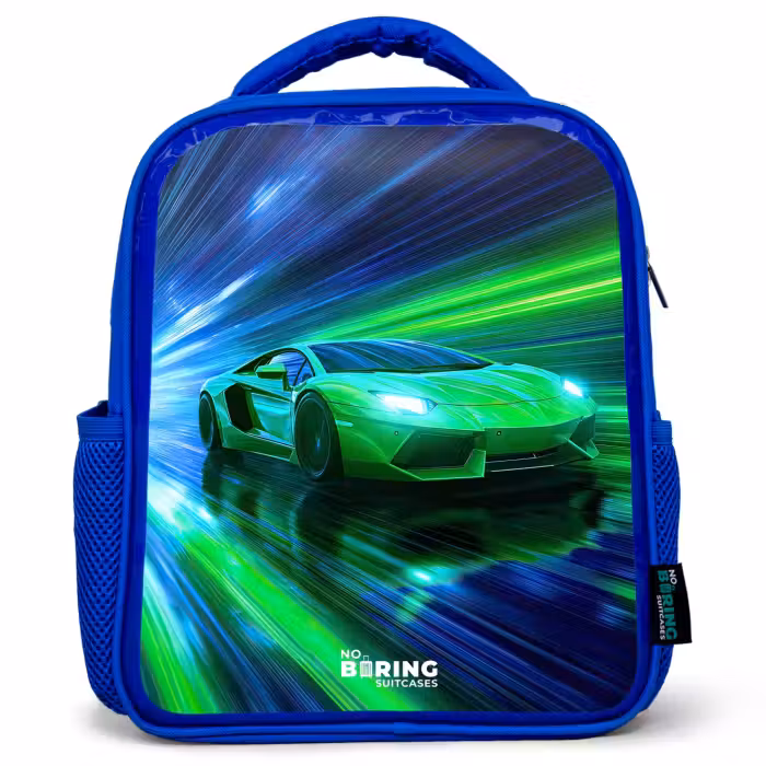 Rugzak kind - blauw - Raceauto - Felgroen - Lichtstralen - Snelheid