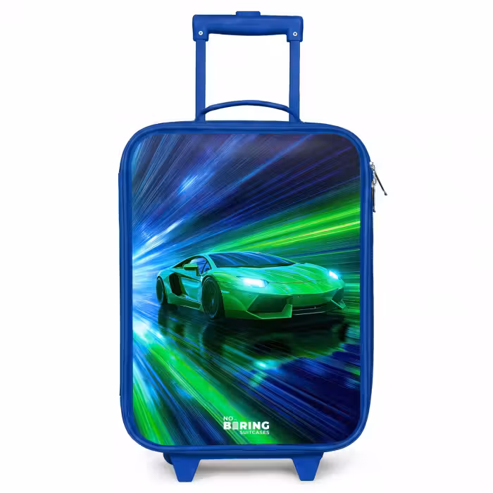 Kinderkoffer - Blauw - Raceauto - Felgroen - Lichtstralen - Snelheid