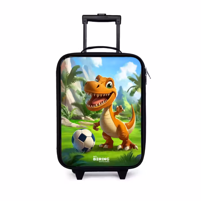 Kinderkoffer - Zwart - Dino met een voetbal in groen landschap