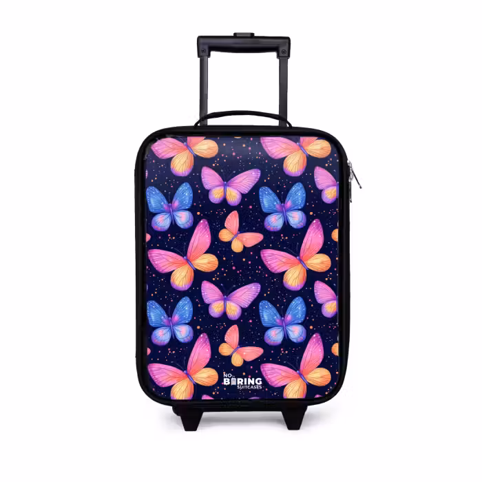 Kinderkoffer - Zwart - Kleurrijke vlinders in roze en blauw