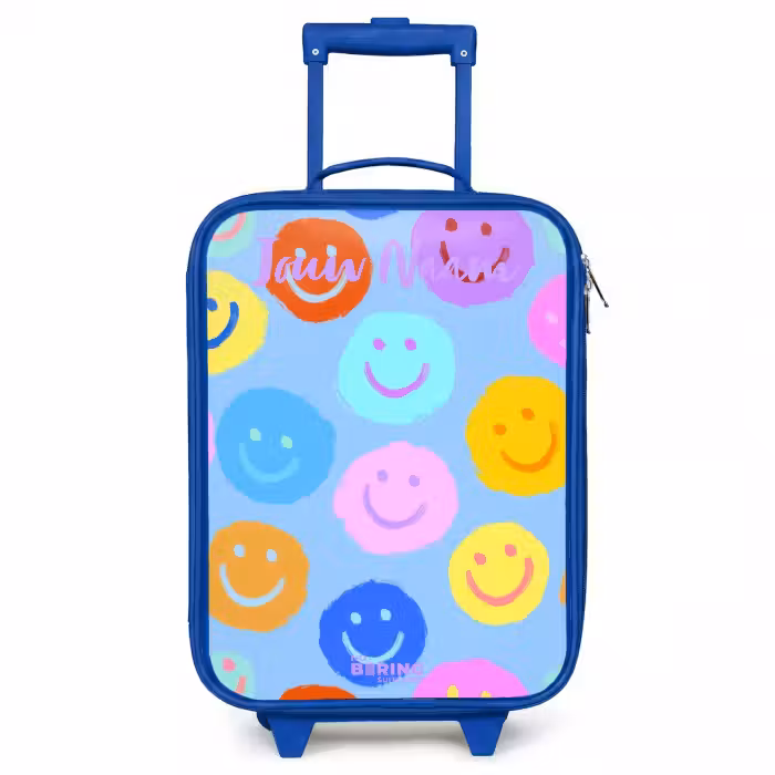 Kinderkoffer met naam - Blauw - Vrolijk patroon van smileys