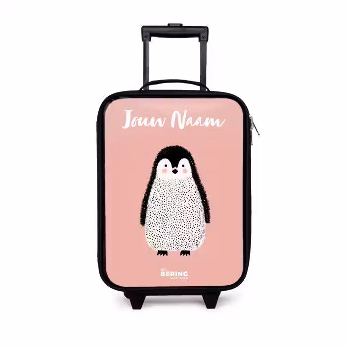 Kinderkoffer met naam - Pinguïn - Stippen - Roze - Minimalistisch