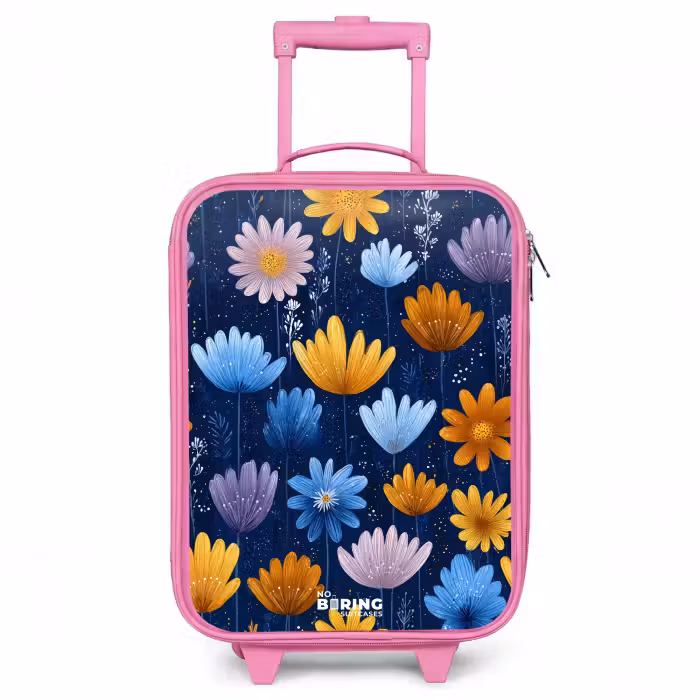 Kinderkoffer - Roze - Bloemen op een donkerblauwe achtergrond