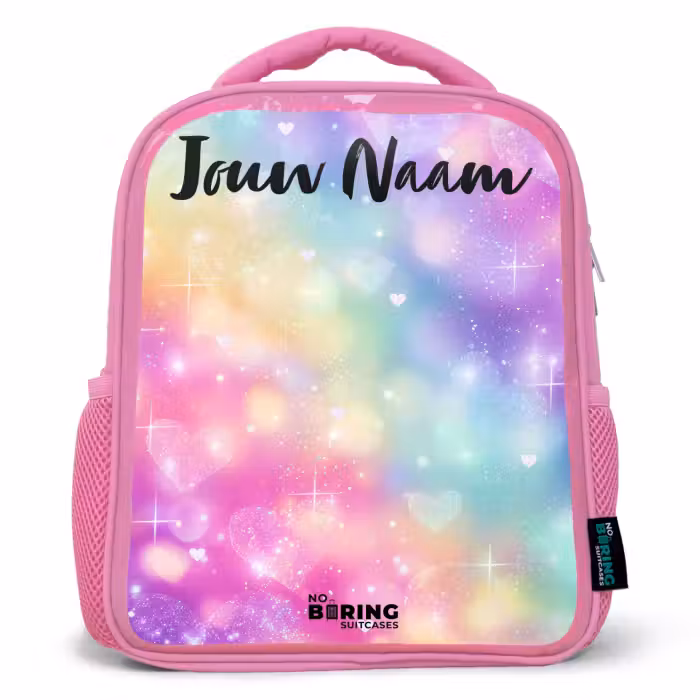Kinderrugzak met naam - Roze - Licht - Regenboog - Hartjes