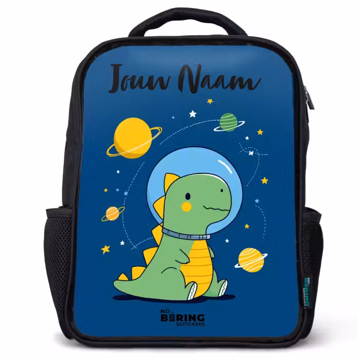 Kinderrugzak met naam - Zwart - Dino - Planeet - Ster - Blauw