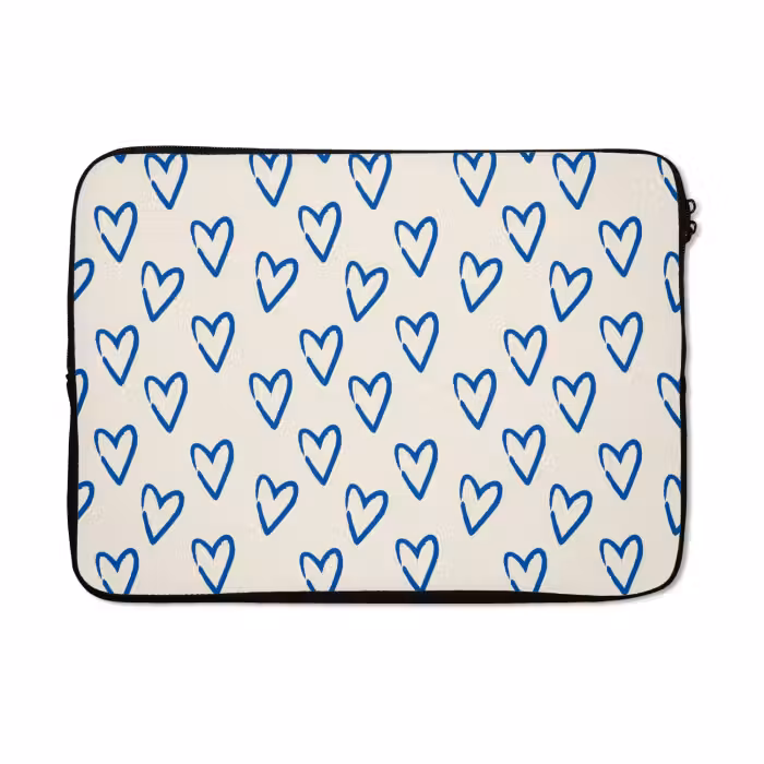 Laptophoes - Hartjes patroon - Blauw - Beige - Liefde