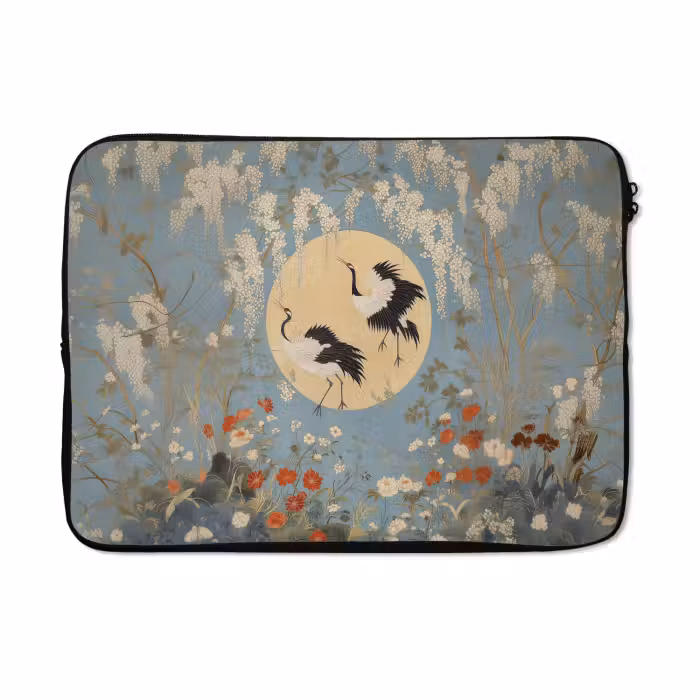 Laptophoes - Kraanvogels - Maan - Bloemen - Blauw
