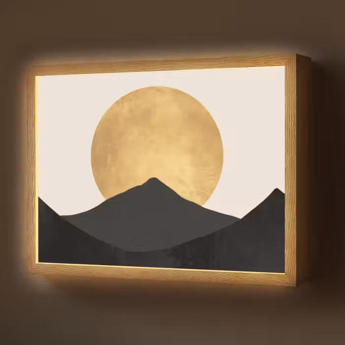 Lightbox - Wandlamp - Bergsilhouetten - Gouden cirkel - Beige