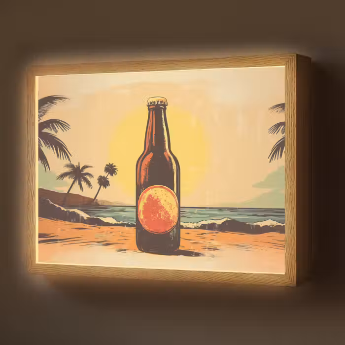 Lightbox - Wandlamp - Bierfles - Zonsondergang - Palmbomen - Zee