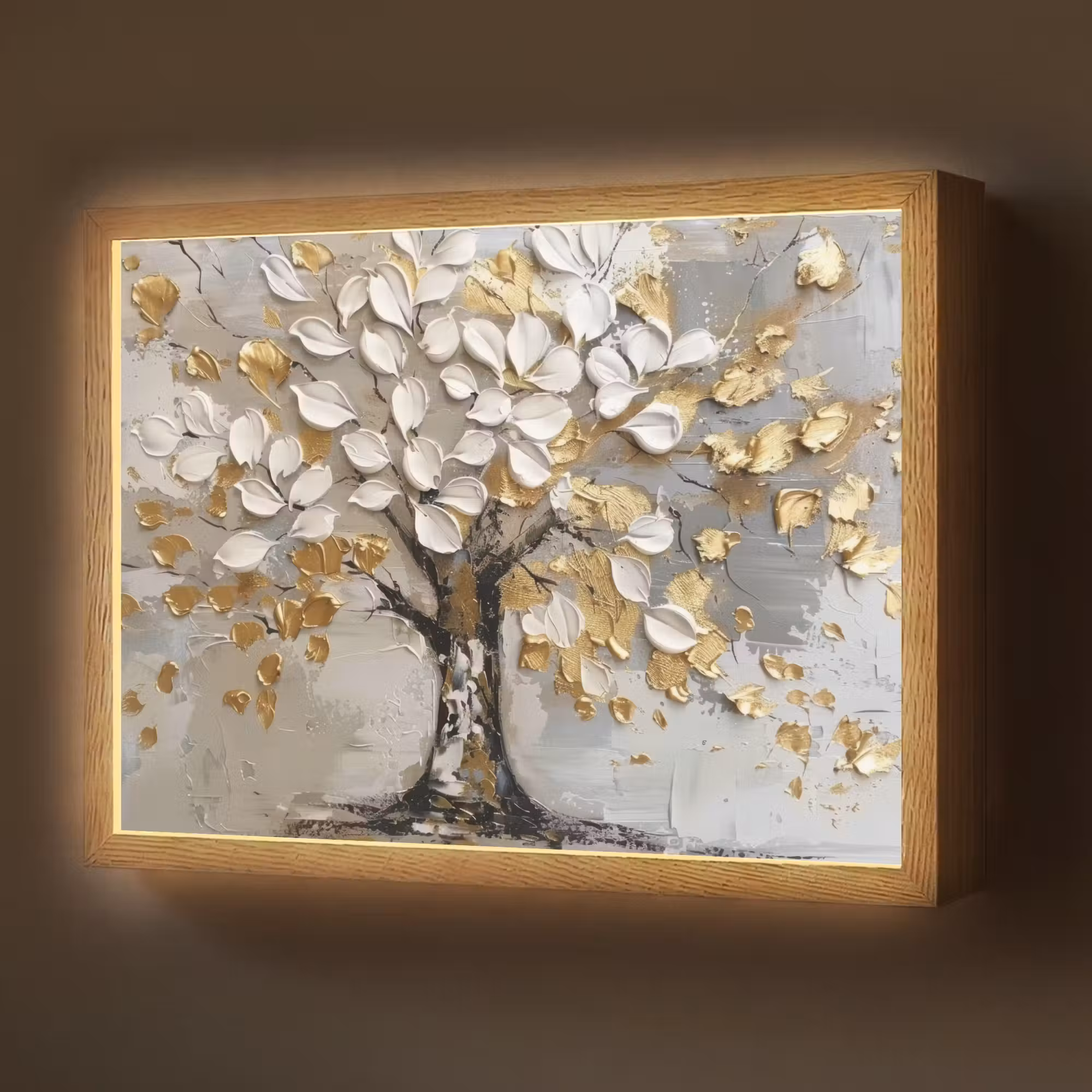 Lightbox - Wandlamp - Boom - Beige - Grijs - Goud - Abstract