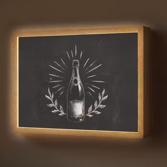 Lightbox - Wandlamp - Champagnefles - Lauriertakken - Zwarte achtergrond