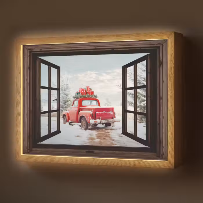 Lightbox - Wandlamp - Doorkijk - Auto - Rood - Cadeaus - Winterlandschap - Kerst
