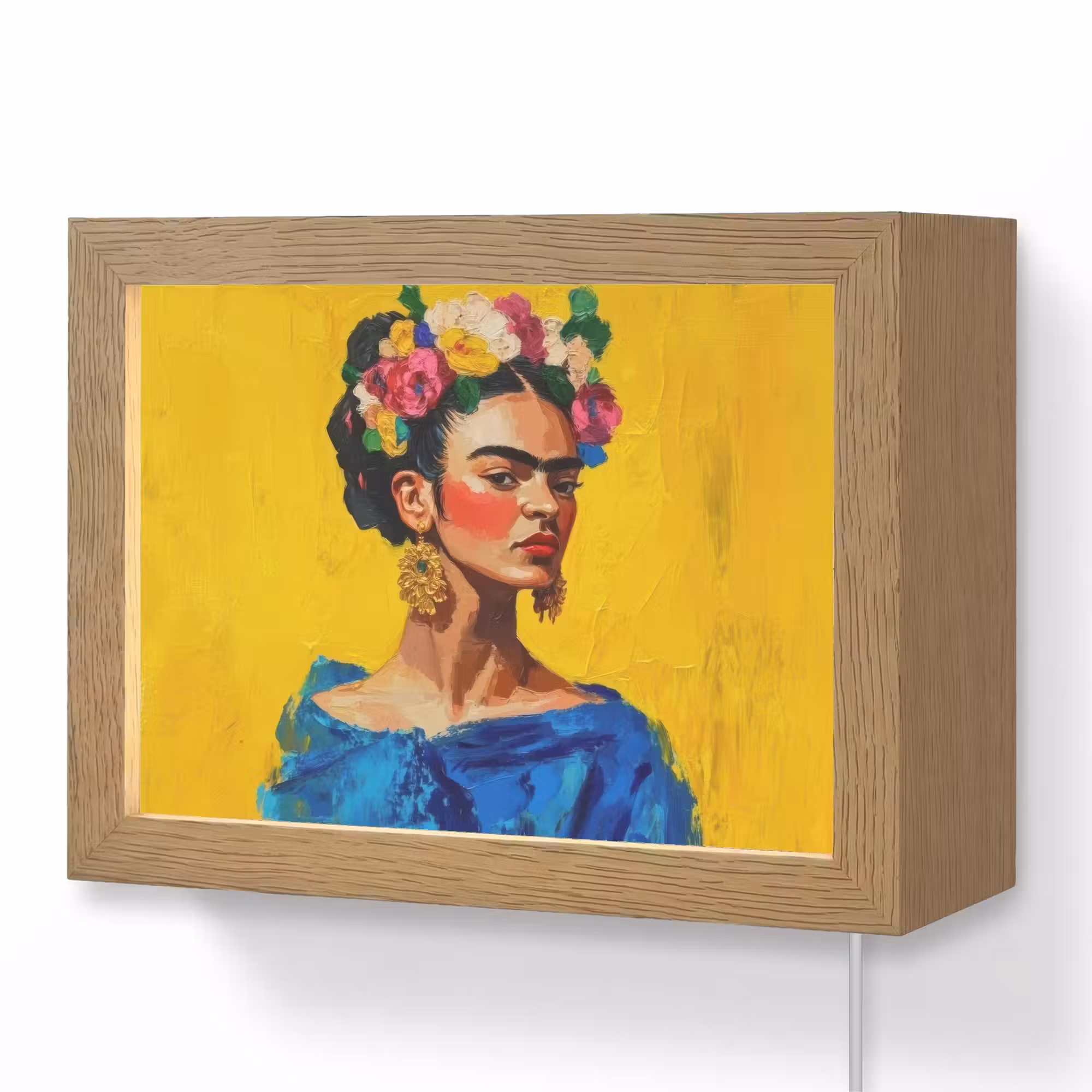 Lightbox - Wandlamp - Frida Kahlo - Vrouw - Geel - Blauw - Bloemen